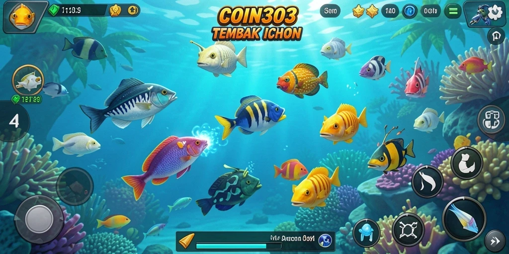 Screenshot permainan COIN303 menampilkan aksi menembak ikan yang seru.