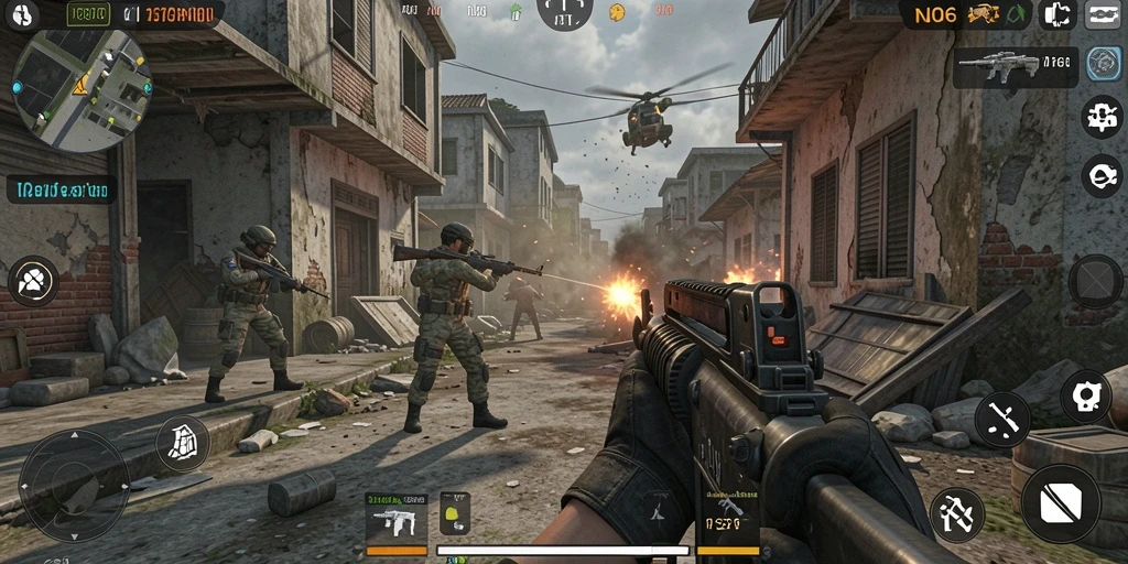 Tampilan gameplay intens N06 dalam pertempuran FPS yang mengesankan.