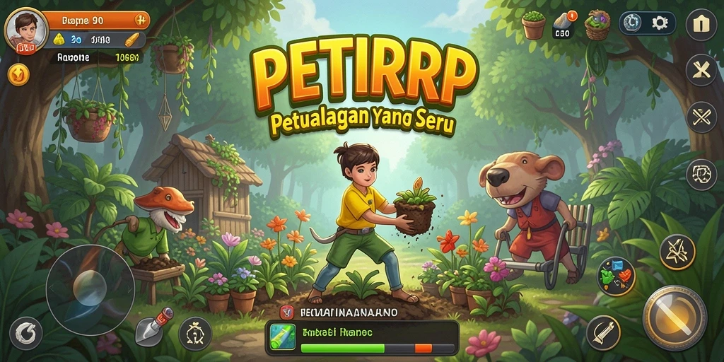Tangkapan layar PETIRRP menampilkan suasana kebun yang indah dan aktivitas bertani.